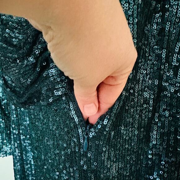 JONATHAN SIMKHAI Sequin Embroidered Long Sleeve Draped Front Marine Gown Size 2 - Picture 12 of 14